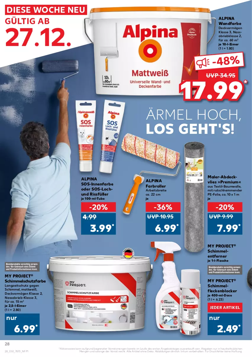 Aktueller Prospekt Kaufland - von 27.12 bis 31.12.2021 - strona 28 - produkty: abdeckvlies, alpina, angebot, Bau, baumwolle, Brei, brie, eimer, Farbroller, flasche, innenfarbe, Roller, Ti, wolle, ZTE