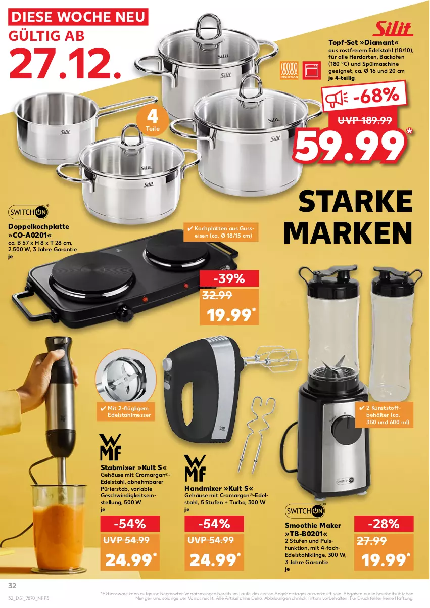 Aktueller Prospekt Kaufland - von 27.12 bis 31.12.2021 - strona 32 - produkty: angebot, backofen, Behälter, edelstahl, edelstahlmesser, eis, handmixer, herdarten, HP, Kochplatten, latte, messer, Mixer, Ofen, Ria, smoothie, stabmixer, Ti, topf, topf-set, ZTE