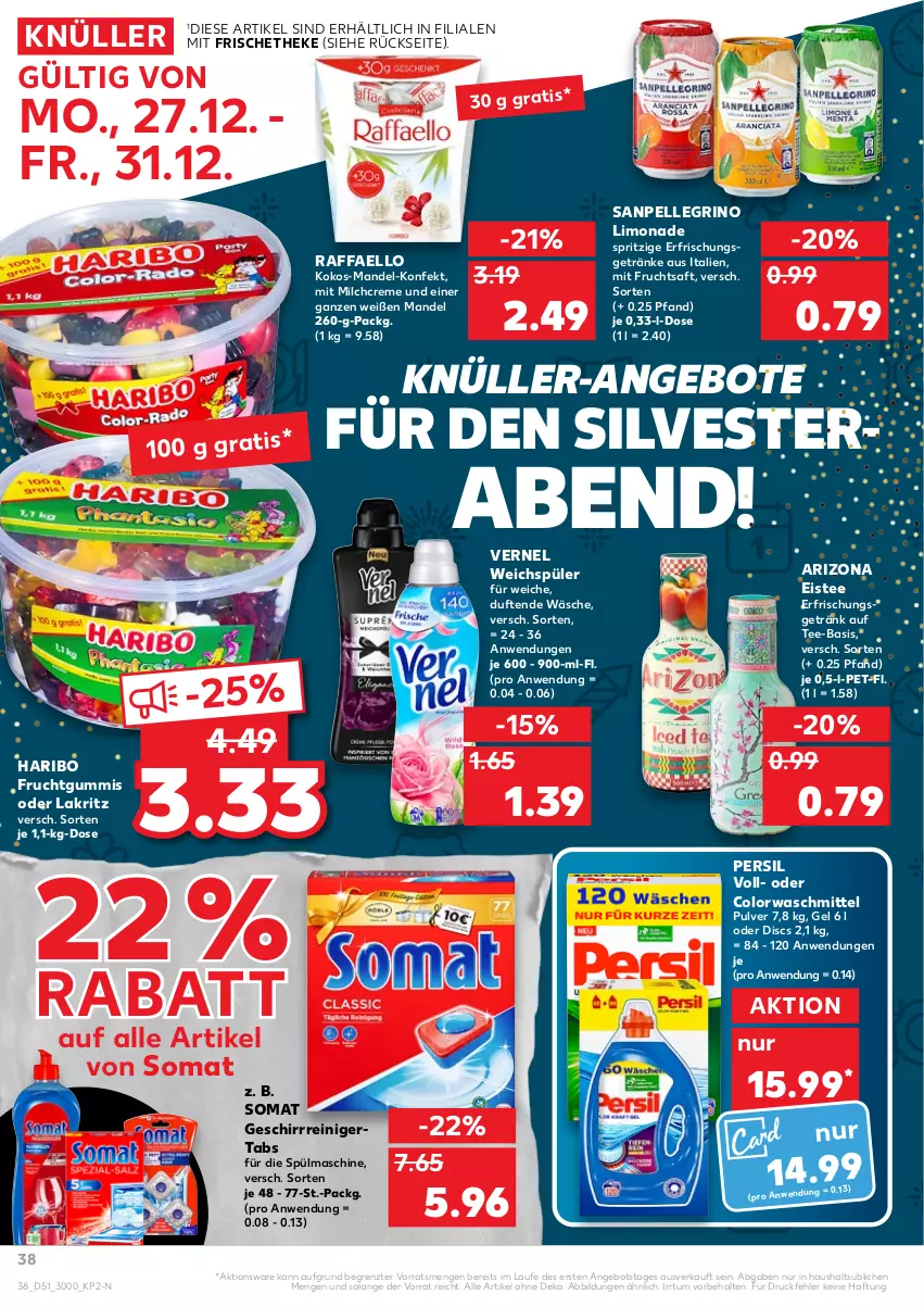 Aktueller Prospekt Kaufland - von 27.12 bis 31.12.2021 - strona 38 - produkty: angebot, angebote, colorwaschmittel, creme, eis, eistee, elle, frucht, fruchtgummi, fruchtgummis, fruchtsaft, geschirr, getränk, getränke, haribo, kokos, Lakritz, limo, limonade, mandel, milch, mit frucht, oder lakritz, persil, raffaello, reiniger, saft, sanpellegrino, somat, tee, Ti, vernel, waschmittel, weichspüler, ZTE