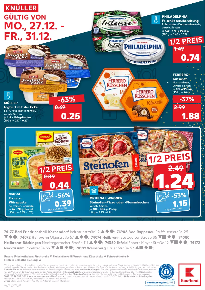 Aktueller Prospekt Kaufland - von 27.12 bis 31.12.2021 - strona 40 - produkty: angebot, angebote, Astra, Bad, Becher, beutel, bio, doppelrahmstufe, drucker, eis, Engel, erde, feinkost, feinkosttheke, ferrero, Ferrero Küsschen, fisch, fischtheke, flammkuchen, fleisch, frischkäse, frischkäsezubereitung, gin, joghur, joghurt, joghurt mit der ecke, Käse, käsetheke, kerze, kuchen, lamm, LG, maggi, maggi fix, milch, Müller, nuss, Ofen, original wagner, philadelphia, pizza, pralinen, reis, steinofen, Ti, wagner, wein, wurst, ZTE