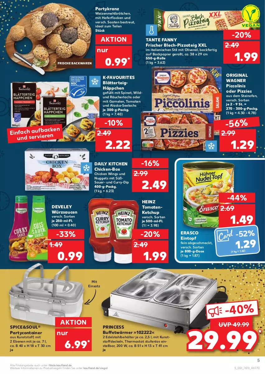 Aktueller Prospekt Kaufland - von 27.12 bis 31.12.2021 - strona 5 - produkty: Alaska-Seelachs, angebot, angebote, auer, backwaren, Behälter, blätterteig, Blätterteighäppchen, brötchen, chicken wings, Container, curry, decke, Deckel, develey, dip, edelstahl, eintopf, erasco, frische backwaren, garnelen, gin, hafer, haferflocken, heinz, ketchup, Kranz, lachs, mehl, nuggets, Ofen, olive, oliven, olivenöl, original wagner, papier, piccolinis, pizza, Pizzateig, Räucherlachs, sauce, saucen, spinat, steinofen, tante fanny, thermostat, Ti, tomate, tomaten, tomatenketchup, topf, wagner, weizenmehl, Wild, würzsauce, würzsaucen