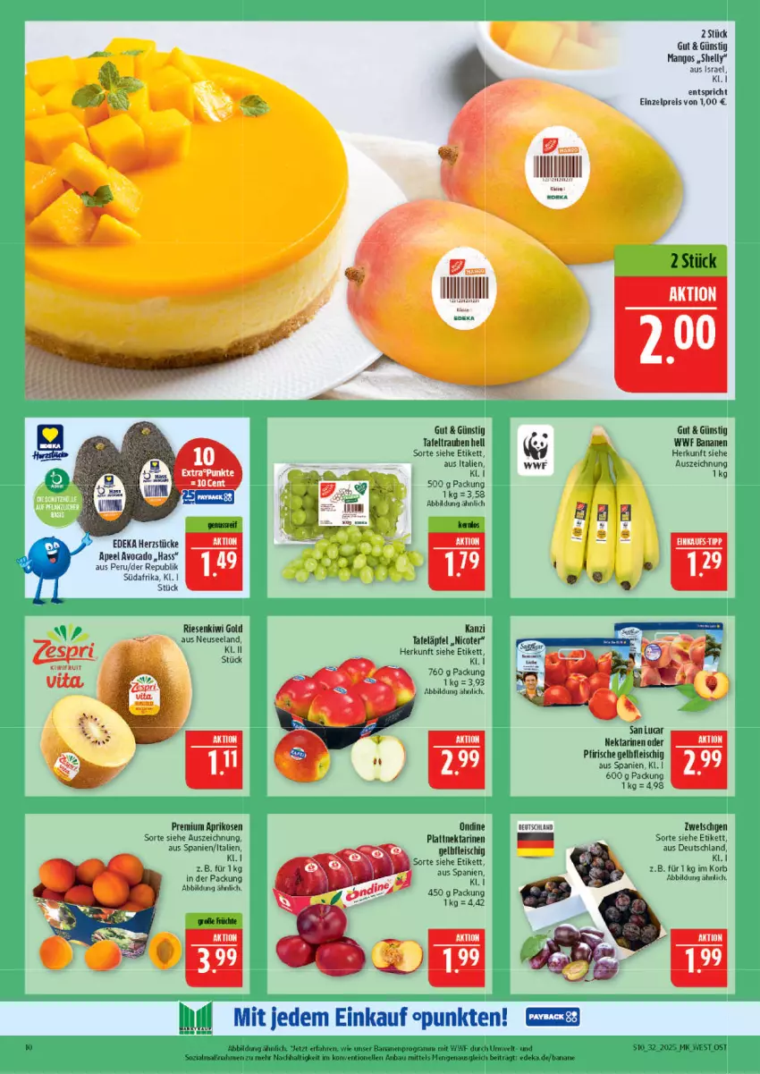 Aktueller Prospekt Marktkauf - Prospekt - von 03.08 bis 09.08.2025 - strona 10 - produkty: aprikose, aprikosen, banane, bananen, Bau, deka, eis, Elan, elle, fleisch, kiwi, Kiwi Gold, korb, mango, mangos, Nektar, nektarinen, nektarinen oder, nexa, reis, tafeläpfel, tafeltrauben, Ti, trauben, vita