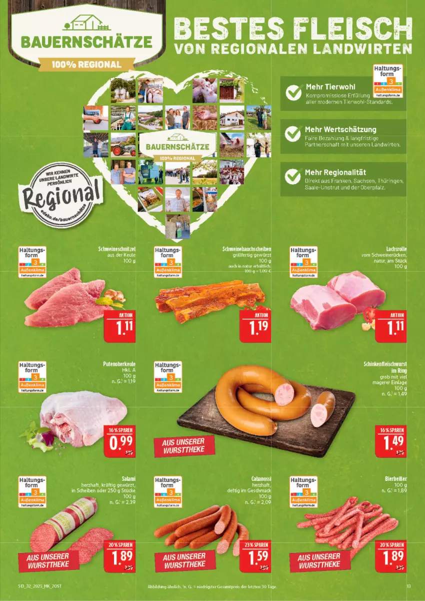 Aktueller Prospekt Marktkauf - Prospekt - von 03.08 bis 09.08.2025 - strona 13 - produkty: auer, Bau, Bauer, Cabanossi, eis, fleisch, mac, Mode, natur, pute, Putenoberkeule, ring, sac, schwein, schweine, schweinerücken, Ti, Tiere, wein, weine