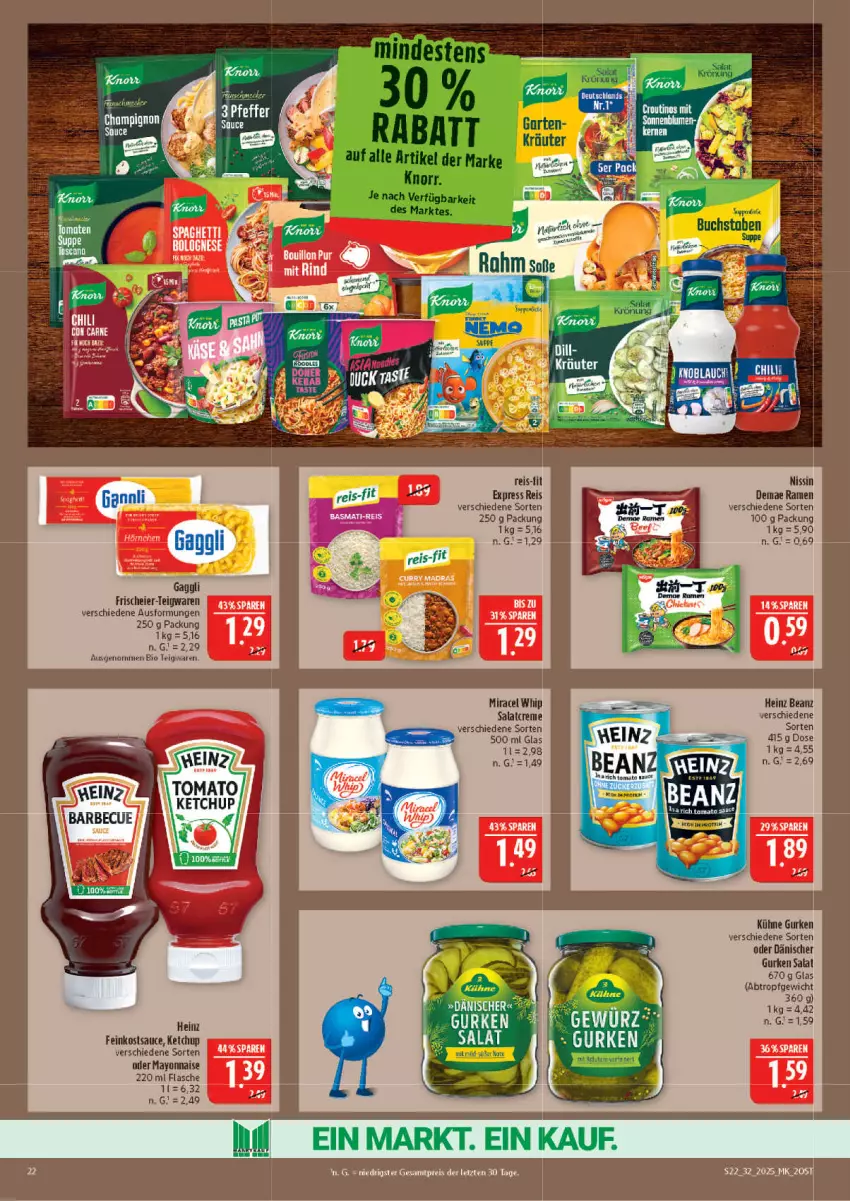 Aktueller Prospekt Marktkauf - Prospekt - von 03.08 bis 09.08.2025 - strona 22 - produkty: beanz, bio, creme, eier, eis, gurke, gurken, heinz, Kühne, miracel, miracel whip, Nissin, reis, rel, salat, salatcreme, Soße, spaghetti, teigwaren, Ti