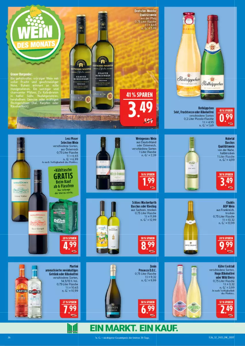Aktueller Prospekt Marktkauf - Prospekt - von 03.08 bis 09.08.2025 - strona 26 - produkty: ACC, alkohol, burgunder, cocktail, ecco, flasche, frucht, fruchtsecco, getränk, hugo, käfer, kühltasche, Lenz Moser, martini, moser, nuss, prosecco, qualitätswein, riesling, rotkäppchen, sac, sekt, Tasche, Ti, wein, Wild, wild berry, zonin
