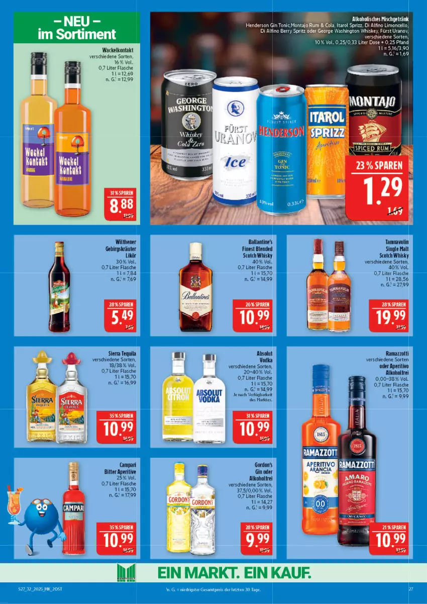 Aktueller Prospekt Marktkauf - Prospekt - von 03.08 bis 09.08.2025 - strona 27 - produkty: Absolut Vodka, alkohol, ball, bett, blended scotch, blended scotch whisky, campari, cola, enders, flasche, getränk, gin, gordon, Gordon’s, kräuter, likör, limo, rama, ramazzott, ramazzotti, rum, scotch, scotch whisky, Sierra, sierra tequila, single malt, Sprizz, tequila, Ti, tonic, vodka, whiskey, whisky, wilthener, zott