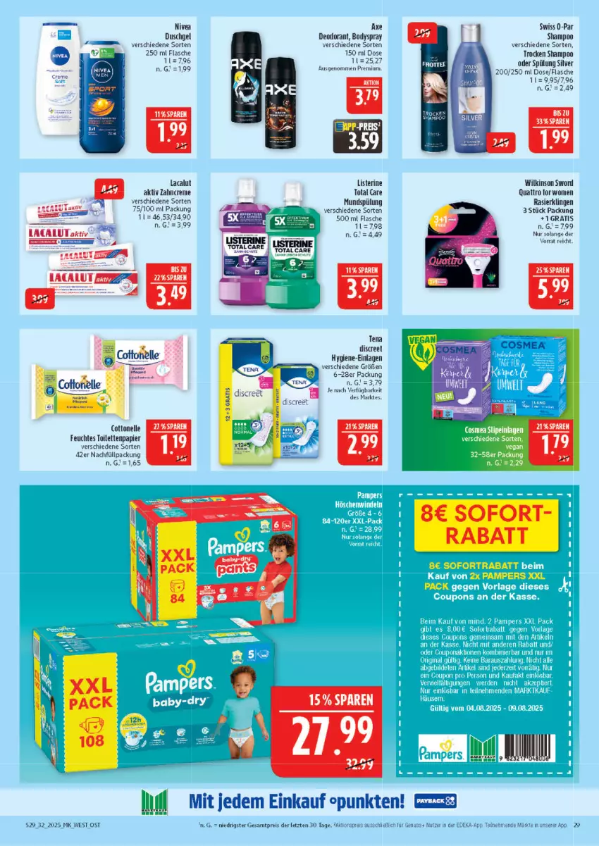 Aktueller Prospekt Marktkauf - Prospekt - von 03.08 bis 09.08.2025 - strona 29 - produkty: aktionspreis, axe, axe duschgel, body, bodyspray, cosmea, cottonelle, creme, deka, deo, deodorant, Discreet, duschgel, eis, elle, feuchtes toilettenpapier, flasche, Lacalut, listerine, mundspülung, nivea, nuss, papier, Rasierklinge, rasierklingen, reis, shampoo, shampoo oder spülung, slip, slipeinlagen, sofortrabatt, spülung, Ti, toilettenpapier, total care, wilkinson, zahncreme, ZTE