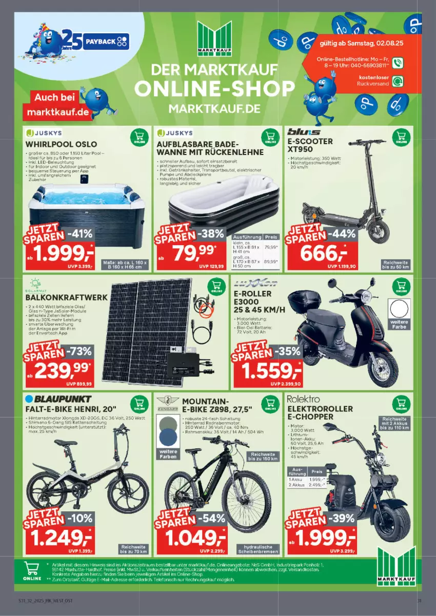 Aktueller Prospekt Marktkauf - Prospekt - von 03.08 bis 09.08.2025 - strona 31 - produkty: akku, Bad, E-Bike, E-Roller, eis, Elektro, Elektroroller, elle, Kette, kraft, pool, Roller, rückenlehne, Schal, scooter, shimano, Ti, uhr, Wanne, Whirlpool