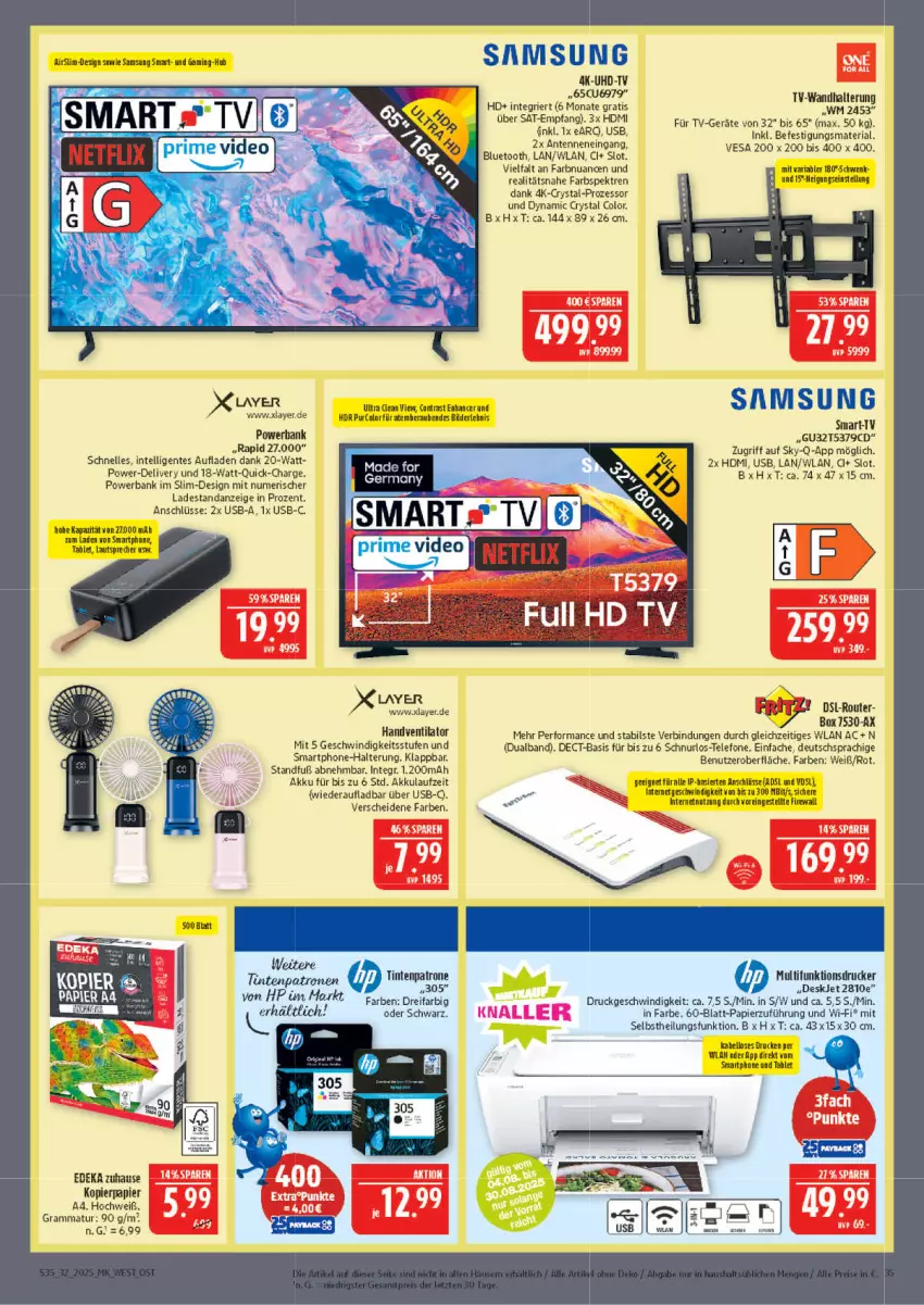 Aktueller Prospekt Marktkauf - Prospekt - von 03.08 bis 09.08.2025 - strona 35 - produkty: akku, Bank, deka, drucker, elle, ente, Germ, HDMI, HP, Intel, kopierpapier, lautsprecher, multifunktionsdrucker, Nuance, papier, powerbank, Ria, Router, Samsung, smartphone, tablet, telefon, Ti, Tintenpatrone, uhd, UHD-TV, usb, ventilator, wandhalterung