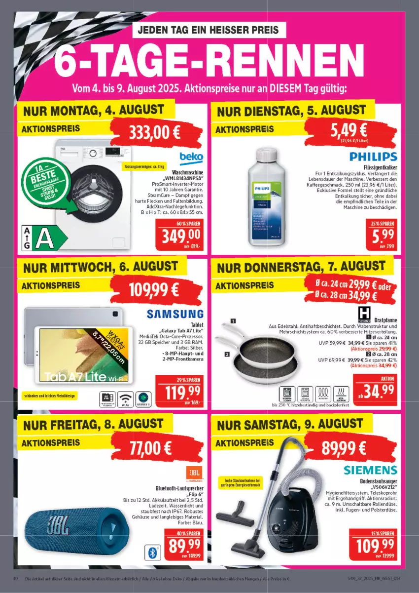 Aktueller Prospekt Marktkauf - Prospekt - von 03.08 bis 09.08.2025 - strona 40 - produkty: akku, aktionspreis, auer, backofen, Bau, beko, bodenstaubsauger, bratpfanne, edelstahl, eis, entkalker, frontkamera, gefu, hygienefilter, kaffee, kamera, lautsprecher, mac, Ofen, pfanne, Philips, Rauch, reis, Ria, ring, Samsung, Schal, siemens, staubsauger, tablet, Teleskop, Ti, waschmaschine, wasser