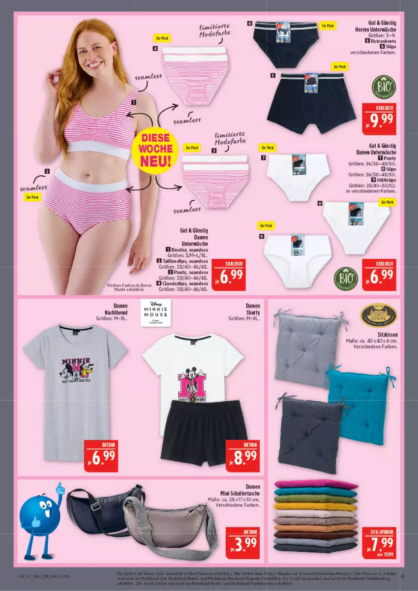 Aktueller Prospekt Marktkauf - Prospekt - von 03.08 bis 09.08.2025 - strona 41 - produkty: damen short, hemd, kissen, Nachthemd, panty, retroshorts, Schultertasche, shorts, shorty, sitzkissen, slip, slips, Stier, Taillenslip, Tasche, Ti, Unterwäsche