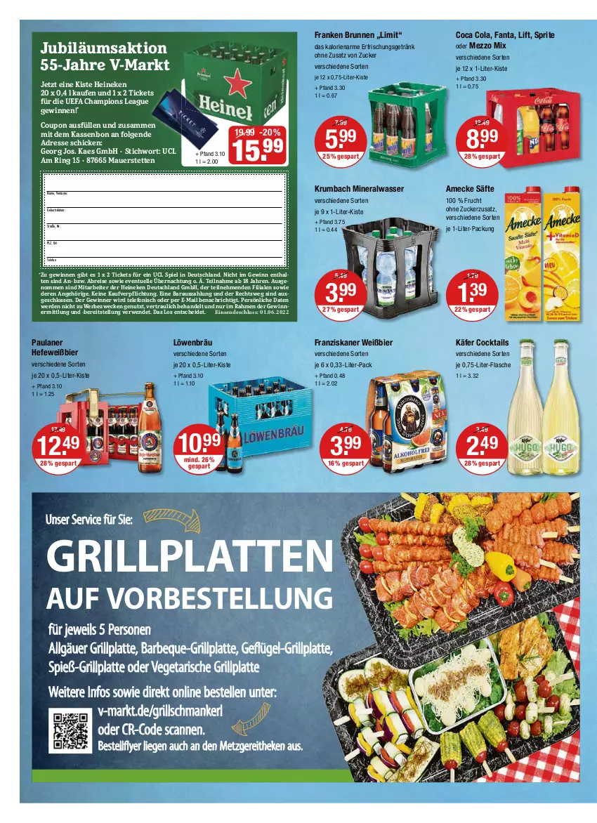 Aktueller Prospekt Vmarkt - V-Markt - von 27.05 bis 01.06.2022 - strona 10 - produkty: Alwa, amecke, auer, bier, Brei, brunnen, champion, cocktail, cocktails, cola, coupon, eis, elle, erde, erfrischungsgetränk, fanta, flasche, franken brunnen, franziskaner, frucht, Geflügel, getränk, grill, grillplatte, Hefe, heineken, je 12 x 1-liter-kiste, Jubiläums, kaes, käfer, krumbach, latte, LG, Liege, Mezzo Mix, mineralwasser, Paula, paulaner, reis, ring, rum, rwe, säfte, sprite, telefon, Ti, Vegeta, wasser, weck, zucker