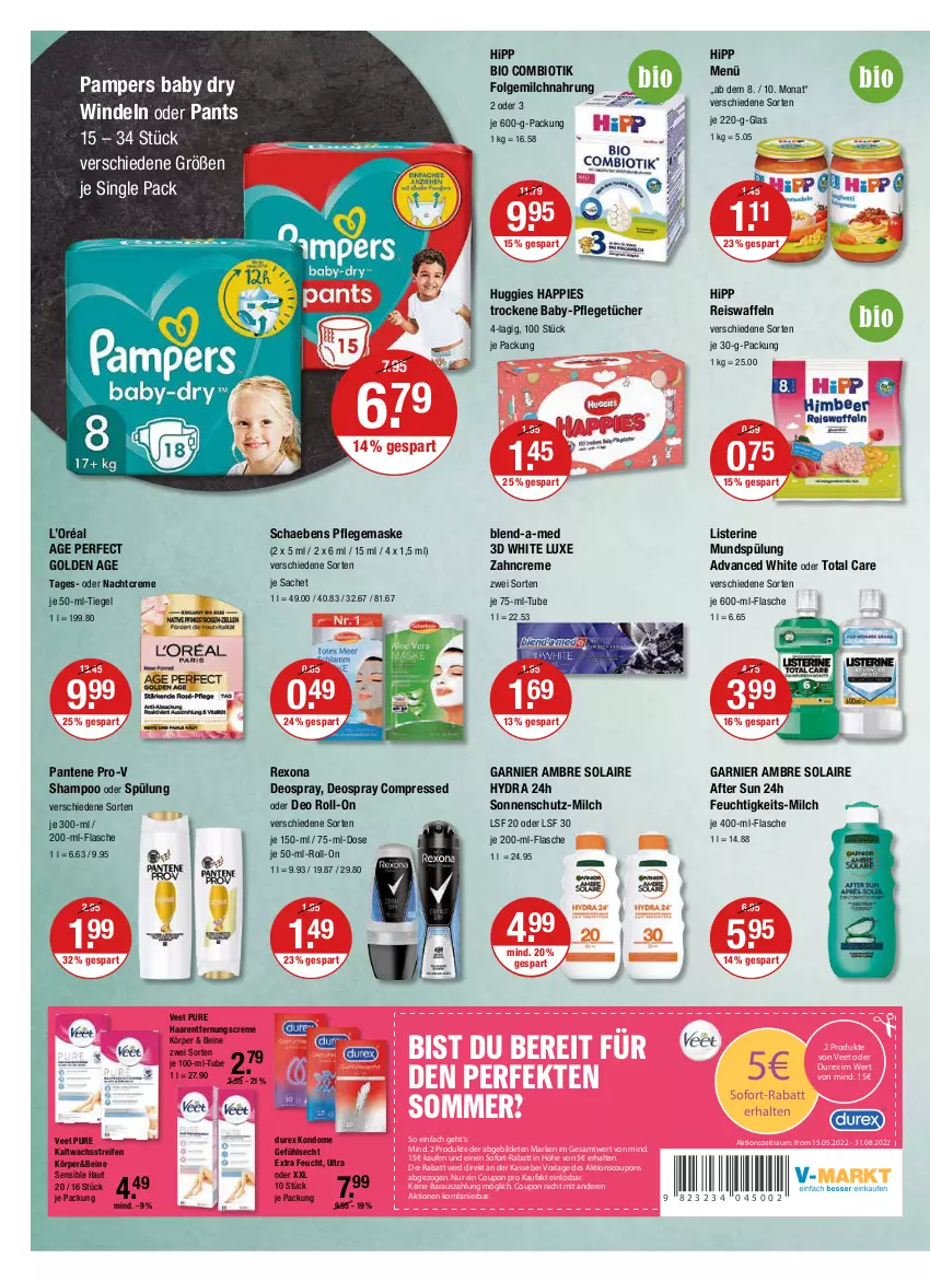 Aktueller Prospekt Vmarkt - V-Markt - von 27.05 bis 01.06.2022 - strona 12 - produkty: after sun, Ambre Solaire, bio, blend-a-med, coupon, coupons, creme, deo, deo roll-on, deospray, Durex, eis, eiswaffeln, flasche, folgemilch, garnier, Haarentfernung, hipp, Huggies, je 50-ml-roll-on, je 50-ml-tiegel, kaltwachsstreifen, Kondome, LG, listerine, Maske, milch, mundspülung, nachtcreme, oder deo roll-on, pampers, pampers baby dry, pantene, pantene pro-v, Pants, pro-v, reifen, reis, Reiswaffeln, rexona, roll-on, sac, Schaebens, shampoo, shampoo oder spülung, sofort-rabatt, sonnenschutz, spülung, Ti, total care, tücher, veet, waffeln, windeln, windeln oder pants, zahncreme