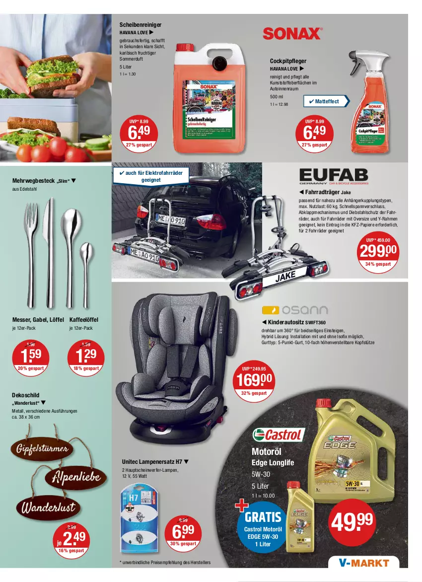 Aktueller Prospekt Vmarkt - V-Markt - von 27.05 bis 01.06.2022 - strona 15 - produkty: Anhänger, auto, besteck, edelstahl, Effect, eis, Elektro, elle, Fahrrad, frucht, gabel, kaffee, Kinder, Kinderautositz, kopfstütze, Lampe, Löffel, longlife, messer, papier, Rauch, reiniger, reis, rwe, Scheibenreiniger, teller, Ti, unitec