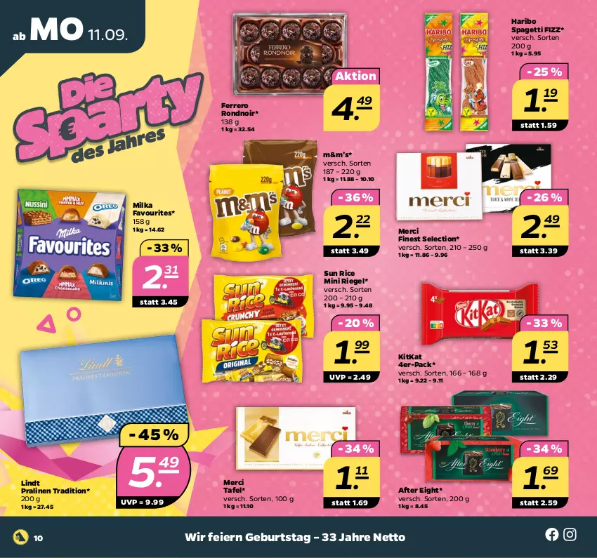 Aktueller Prospekt Netto - Woche 37 - von 11.09 bis 16.09.2023 - strona 10 - produkty: after eight, eier, ferrero, haribo, kitkat, lindt, merci, milka, pralinen, riegel, Ti