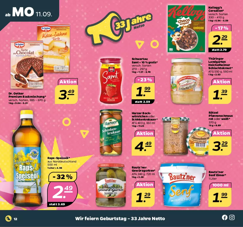 Aktueller Prospekt Netto - Woche 37 - von 11.09 bis 16.09.2023 - strona 12 - produkty: auer, backmischung, Bau, cerealien, Dr. Oetker, eier, eimer, eis, Garten, gewürz, Gewürzgurke, gewürzgurken, gurke, gurken, krakauer, Kraut, Maus, pfanne, pfannen, ring, schinken, schinkenkrakauer, Schwartau, senf, Ti, würstchen