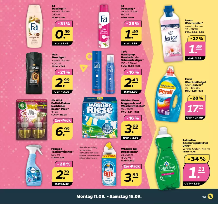 Aktueller Prospekt Netto - Woche 37 - von 11.09 bis 16.09.2023 - strona 13 - produkty: Air Wick, arla, axe, axe duschgel, bio, deo, deospray, duschgel, ente, fa duschgel, febreze, geschirr, geschirrspülmittel, Haarlack, haarspray, lack, lenor, lenor weichspüler, LG, megaperls, oder schaumfestiger, olive, palmolive, persil, persil waschmittel, Rauch, rwe, schaumfestiger, spülmittel, Taft, Textilerfrischer, Ti, waschmittel, wc ente, weichspüler, WICK