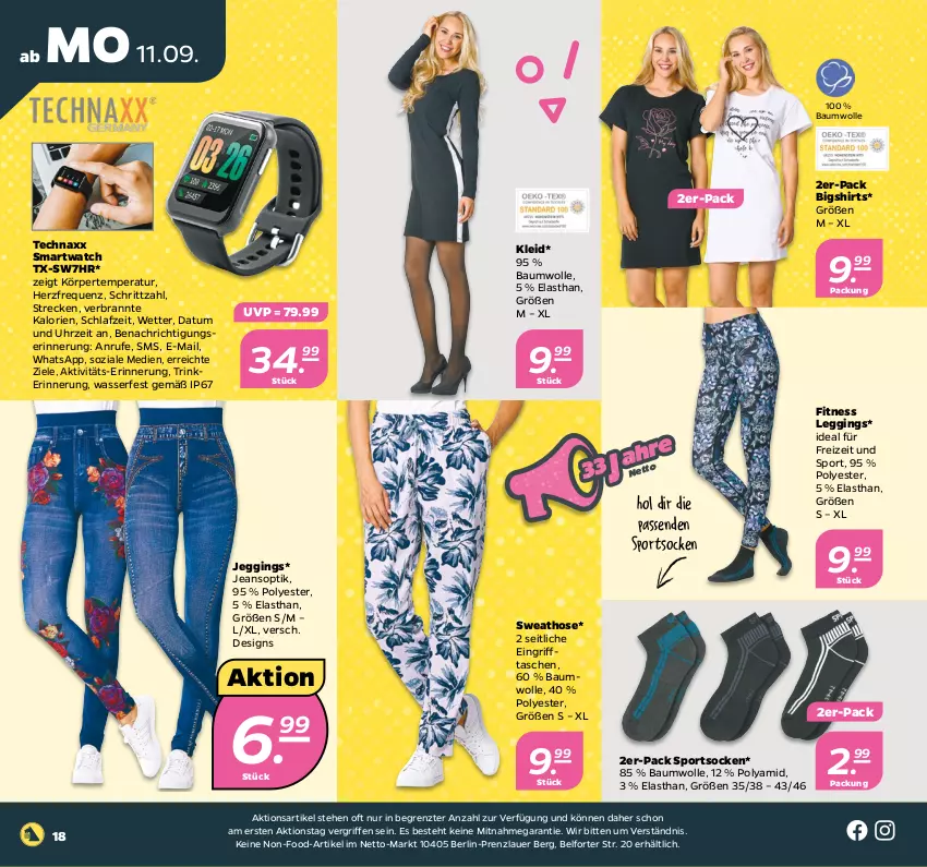 Aktueller Prospekt Netto - Woche 37 - von 11.09 bis 16.09.2023 - strona 18 - produkty: auer, Bau, baumwolle, gin, hose, jeans, kleid, leggings, shirt, shirts, smartwatch, socken, Sport, sportsocken, Sweathose, Tasche, taschen, technaxx, Ti, uhr, wasser, wolle, ZTE