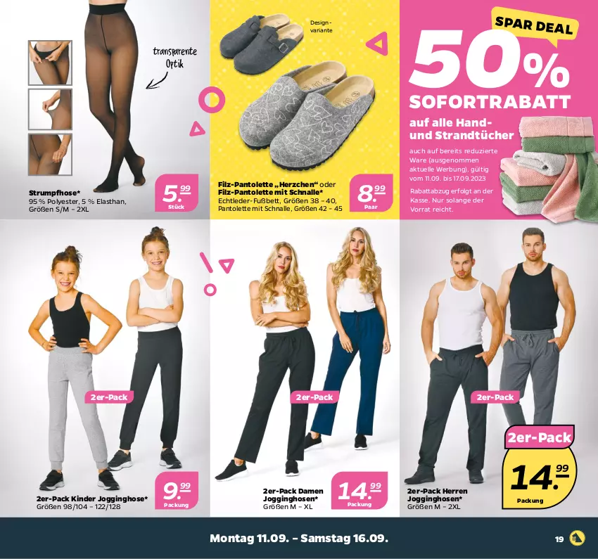 Aktueller Prospekt Netto - Woche 37 - von 11.09 bis 16.09.2023 - strona 19 - produkty: bett, elle, ente, gin, hose, hosen, Jogginghose, Jogginghosen, Kinder, Kinder Jogginghose, LG, pantolette, Ria, rum, sofortrabatt, Strumpfhose, Ti, tücher