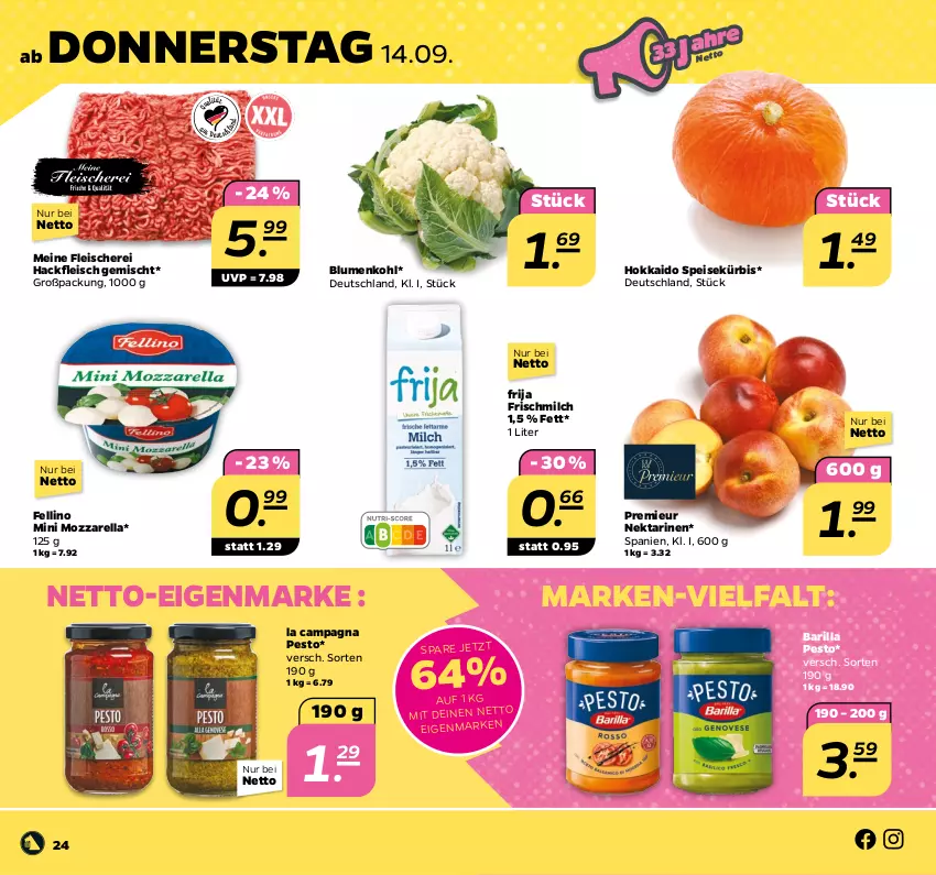 Aktueller Prospekt Netto - Woche 37 - von 11.09 bis 16.09.2023 - strona 24 - produkty: barilla, blume, blumen, blumenkohl, eis, fleisch, Fleischerei, hackfleisch, hackfleisch gemischt, Kürbis, milch, mozzarella, Nektar, nektarinen, pesto, rel, Schere