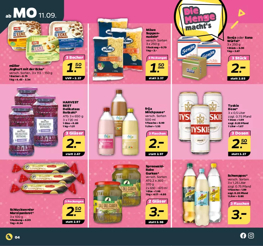 Aktueller Prospekt Netto - Woche 37 - von 11.09 bis 16.09.2023 - strona 4 - produkty: Becher, brot, erde, flasche, Gläser, gurke, gurken, HP, joghur, joghurt, joghurt mit der ecke, mac, marzipan, milch, Müller, nudel, nudeln, rotkohl, sana, schweppes, suppe, suppen, tyskie, würfel