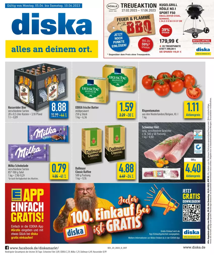 Aktueller Prospekt Diska - Prospekte - von 05.06 bis 10.06.2023 - strona 1 - produkty: aktionspreis, angebot, angebote, Bebe, bier, butter, dallmayr, deka, eis, elle, filet, gutschein, hasseröder, Heu, irische butter, kaffee, LG, milka, milka schokolade, reis, rispentomaten, schoko, schokolade, schwein, schweine, Sport, Ti, tomate, tomaten, wein, weine, ZTE