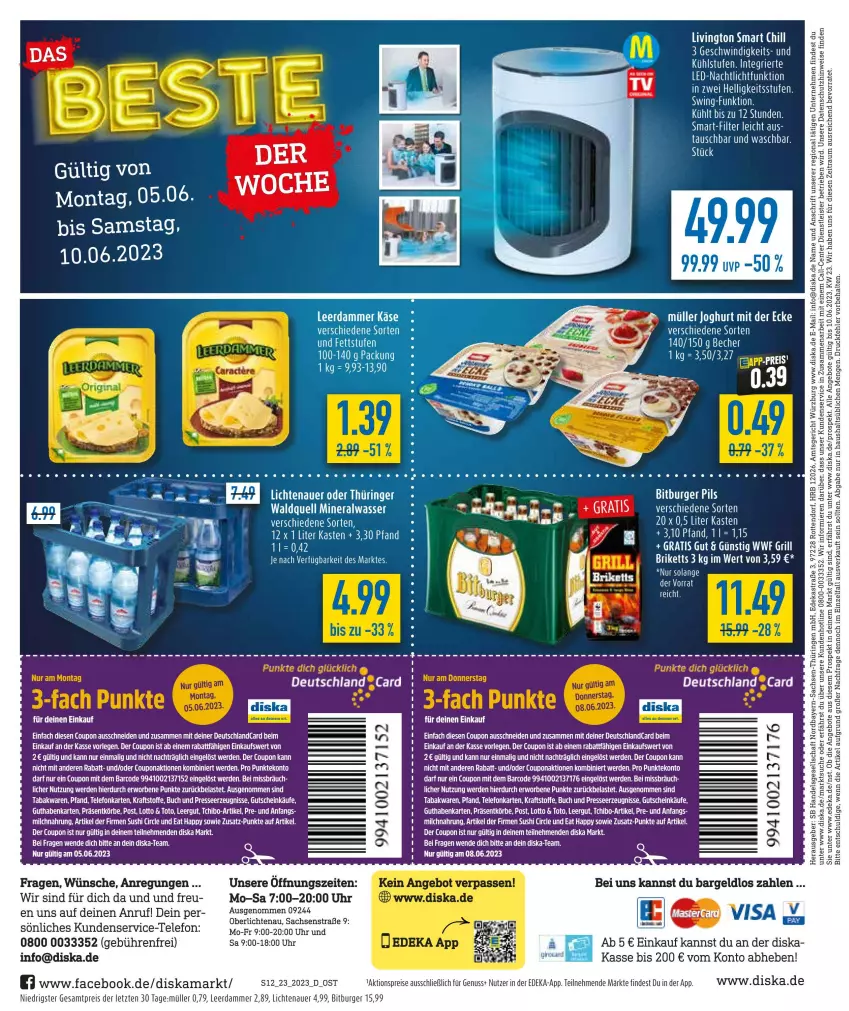 Aktueller Prospekt Diska - Prospekte - von 05.06 bis 10.06.2023 - strona 12 - produkty: aktionspreis, angebot, angebote, Astra, auer, bitburger, bitburger pils, briketts, buch, burger, coupon, deka, eis, ente, erde, grill, guthabenkarte, gutschein, joghur, joghurt, joghurt mit der ecke, kraft, leerdammer, LG, lichtenauer, Müller, Nachtlicht, nuss, pils, reis, ring, sac, Tchibo, tee, telefon, Ti, uhr, Yo, ZTE