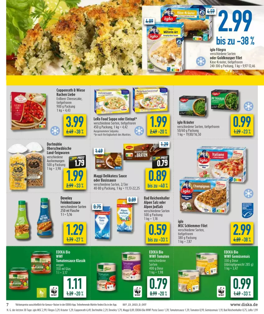 Aktueller Prospekt Diska - Prospekte - von 05.06 bis 10.06.2023 - strona 7 - produkty: aktionspreis, Bad, bio, coppenrath, deka, delikatess sauce, develey, edeka bio, eintopf, eis, feinkost, filegro, filet, flasche, gemüsemais, iglo, kräuter, kuchen, maggi, mais, Müller, nuss, pasta, Pasta Sauce, reis, salz, sauce, suppe, teigwaren, Ti, tomate, tomaten, tomatensauce, topf, ZTE