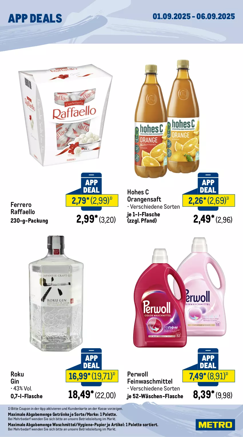 Aktueller Prospekt Metro - App Deals - von 01.09 bis 06.09.2025 - strona 2 - produkty: coupon, feinwaschmittel, ferrero, flasche, getränk, getränke, gin, Hohes C, orange, orangen, orangensaft, Palette, papier, perwoll, raffaello, saft, Ti, waschmittel