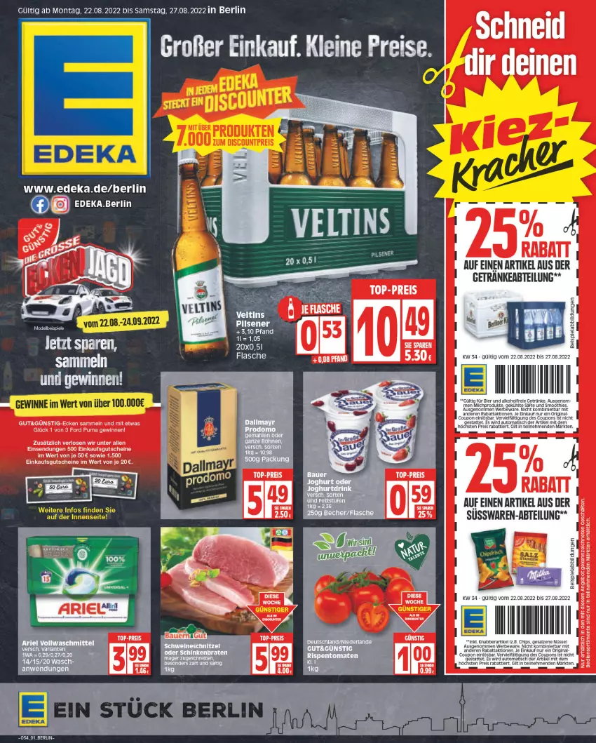 Aktueller Prospekt Edeka - Angebote der Woche - von 22.08 bis 27.08.2022 - strona 1 - produkty: Abtei, alkohol, alkoholfreie getränke, ariel, auto, beispielabbildung, bier, braten, chips, coupon, coupons, deka, discount, eis, flasche, getränk, getränke, gin, gutschein, gutscheine, HP, milch, pils, pilsener, puma, reis, rispentomaten, saft, säfte, salz, schinken, schinkenbraten, schnitzel, schwein, schweine, schweineschnitzel, smoothie, smoothies, süsswaren, Ti, tisch, tomate, tomaten, top-preis, vollwaschmittel, waschmittel, wein, weine