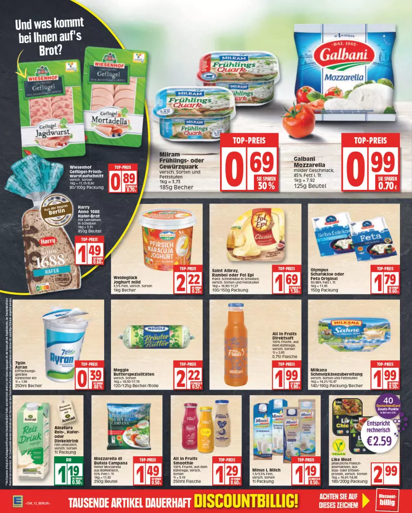 Aktueller Prospekt Edeka - Angebote der Woche - von 22.08 bis 27.08.2022 - strona 12 - produkty: albray, angebot, angebotspreis, aufschnitt, Becher, beutel, brot, butter, deutschlandcard, di bufala, direktsaft, drink, eis, erbsen, erde, feta, flasche, fleisch, fol epi, frucht, galbani, getränk, gewürz, gewürzquark, gin, hafer, joghur, joghurt, joghurt mild, Käse, LG, Like Meat, mac, meggle, milch, milka, milkana, mozzarella, natur, natura, quark, regal, reis, rel, saft, saint albray, Schmelzkäse, schmelzkäsezubereitung, schnittkäse, smoothie, soja, Ti, wiesenhof, wurst