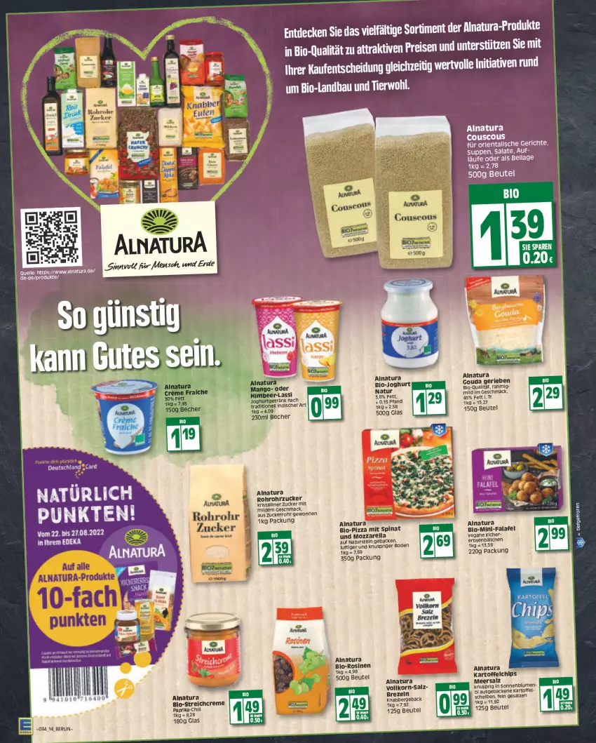 Aktueller Prospekt Edeka - Angebote der Woche - von 22.08 bis 27.08.2022 - strona 14 - produkty: Bau, beutel, bio, bio-joghurt, blume, blumen, couscous, decke, eis, geback, gouda, ilag, joghur, joghurt, kartoffel, mac, mozzarella, natur, natura, naturstein, pizza, reis, rel, Ria, rind, rohrzucker, salat, salate, salz, sonnenblume, sonnenblumen, suppe, suppen, tee, Ti, zucker