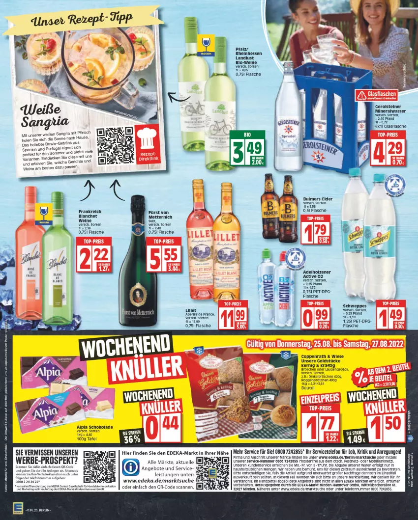 Aktueller Prospekt Edeka - Angebote der Woche - von 22.08 bis 27.08.2022 - strona 20 - produkty: Alwa, angebot, angebote, aperitif, bio, Bio-Wein, bowle, brötchen, cider, coppenrath, decke, deka, dinkelbrötchen, eis, elle, flasche, fürst von metternich, gerolsteine, gerolsteiner, glasflasche, Goldstücke, LG, Liege, lillet, Mett, metternich, mineralwasser, pfirsich, rel, Ria, sangria, schoko, schokolade, schweppes, sekt, steiner, telefon, Ti, uhr, wasser, wein, weine