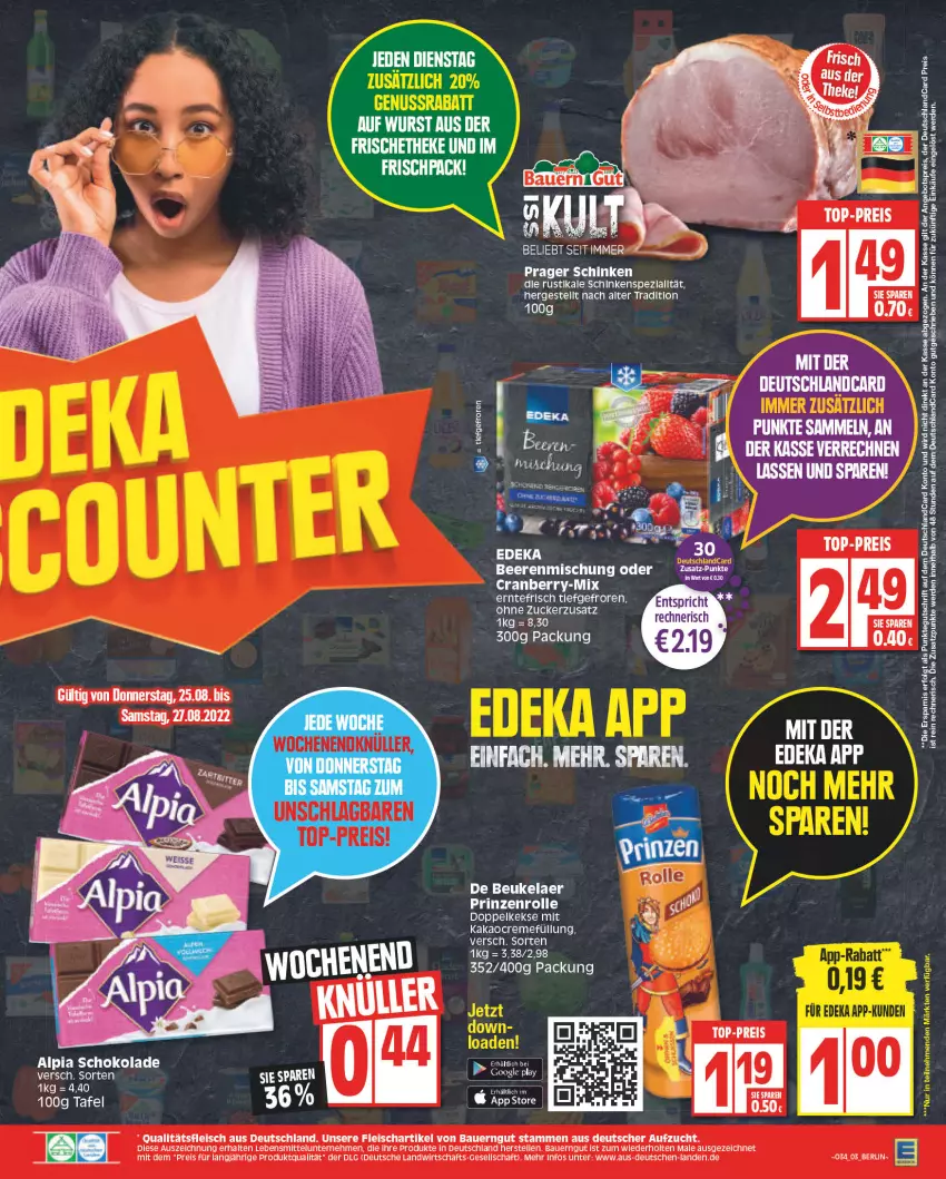 Aktueller Prospekt Edeka - Angebote der Woche - von 22.08 bis 27.08.2022 - strona 3 - produkty: alpia, angebot, angebotspreis, auer, Bau, Bauer, bauerngut, beere, beeren, cranberry, creme, de beukelaer, deka, deutschlandcard, Doppelkekse, eis, elle, erde, fleisch, HP, kakao, keks, kekse, lebensmittel, LG, nuss, prinzenrolle, reis, schinken, schoko, schokolade, Ti, top-preis, wurst, zucker