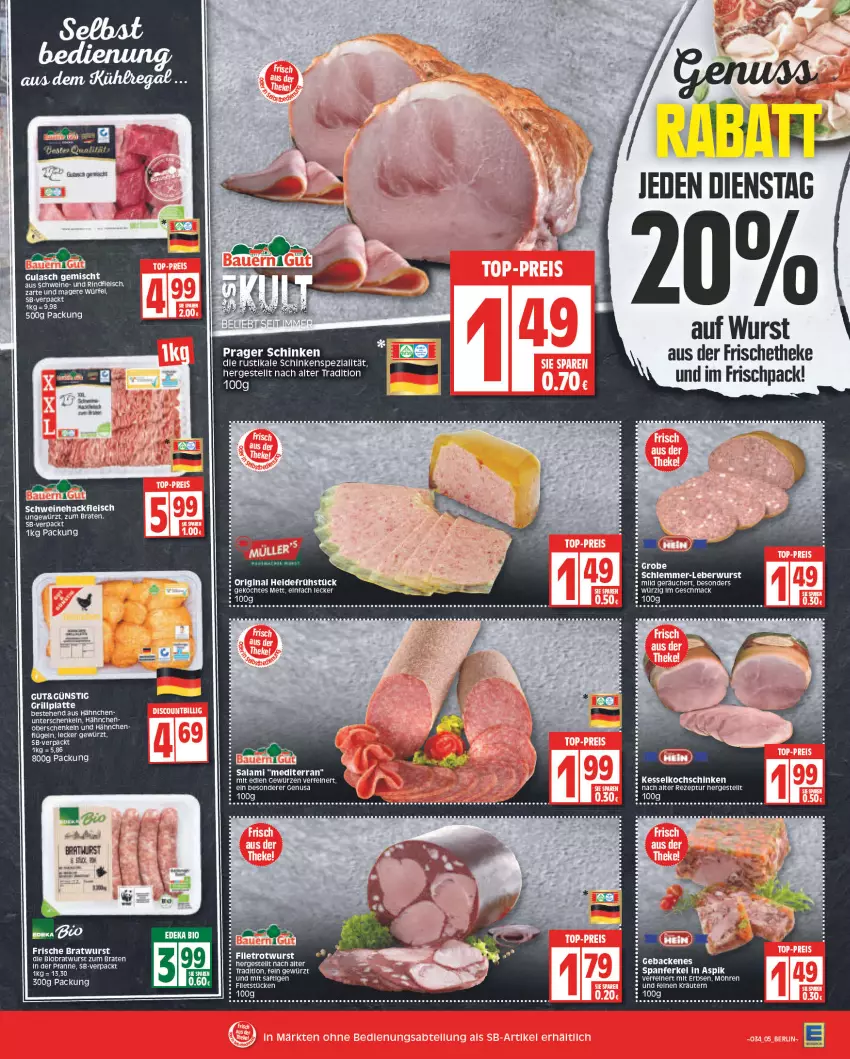 Aktueller Prospekt Edeka - Angebote der Woche - von 22.08 bis 27.08.2022 - strona 5 - produkty: bio, braten, bratwurst, deka, edeka bio, eier, eis, erbsen, fleisch, geback, gewürz, gin, gulasch, hackfleisch, heidefrühstück, henkel, HP, kochschinken, latte, leberwurst, mac, Mett, möhren, pfanne, rezept, rind, rindfleisch, salami, schenkel, schinken, schwein, schweine, Schweinehackfleisch, tee, Ti, wein, weine, würfel, wurst