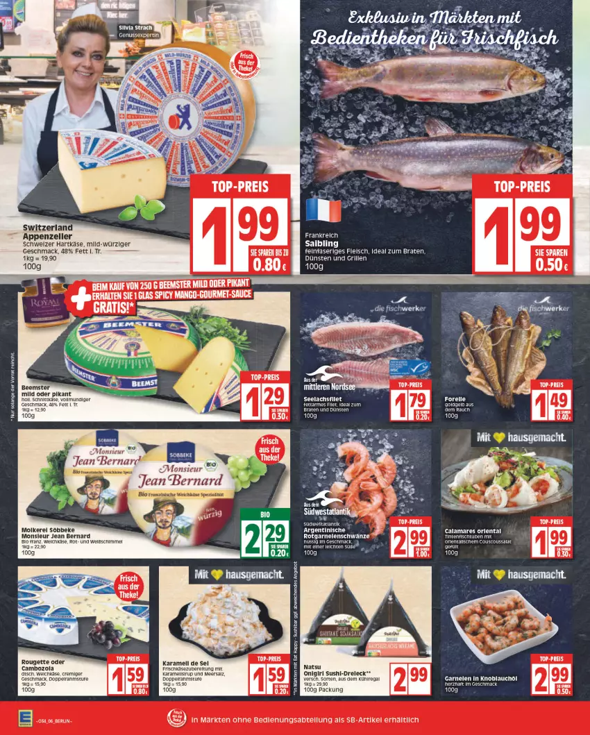 Aktueller Prospekt Edeka - Angebote der Woche - von 22.08 bis 27.08.2022 - strona 6 - produkty: angebot, appenzeller, aus dem kühlregal, Beemster, braten, cambozola, couscous, Couscoussalat, eis, elle, filet, fleisch, forelle, frischkäse, garnelen, grill, hartkäse, ideal zum braten, karamell, Käse, knoblauch, kühlregal, lachs, lachsfilet, LG, mac, meersalz, regal, reis, rel, rouge, rougette, Saibling, salat, salz, schnittkäse, schweizer hartkäse, seelachsfilet, sirup, söbbeke, Sushi, Ti, top-preis, weichkäse