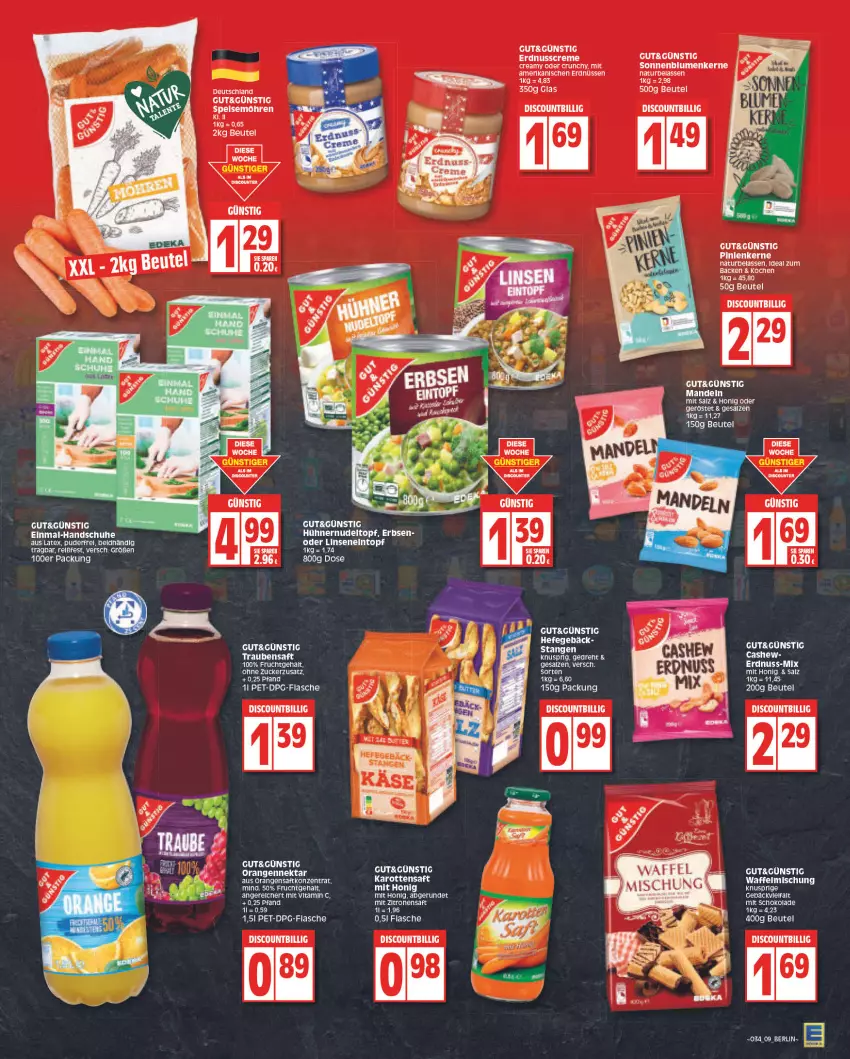 Aktueller Prospekt Edeka - Angebote der Woche - von 22.08 bis 27.08.2022 - strona 9 - produkty: beutel, blume, blumen, discount, eintopf, eis, erbsen, erdnuss, erdnüsse, erdnüssen, flasche, frucht, handschuhe, Hefe, honig, hühner, karotten, LG, linsen, mandel, mandeln, möhren, natur, Nektar, nudel, nuss, orange, orangen, orangensaft, rel, saft, salz, schoko, schokolade, schuhe, sonnenblume, sonnenblumen, Sonnenblumenkerne, speisemöhren, tee, Ti, topf, vita, Vitamin C, zitrone, zitronen, zitronensaft