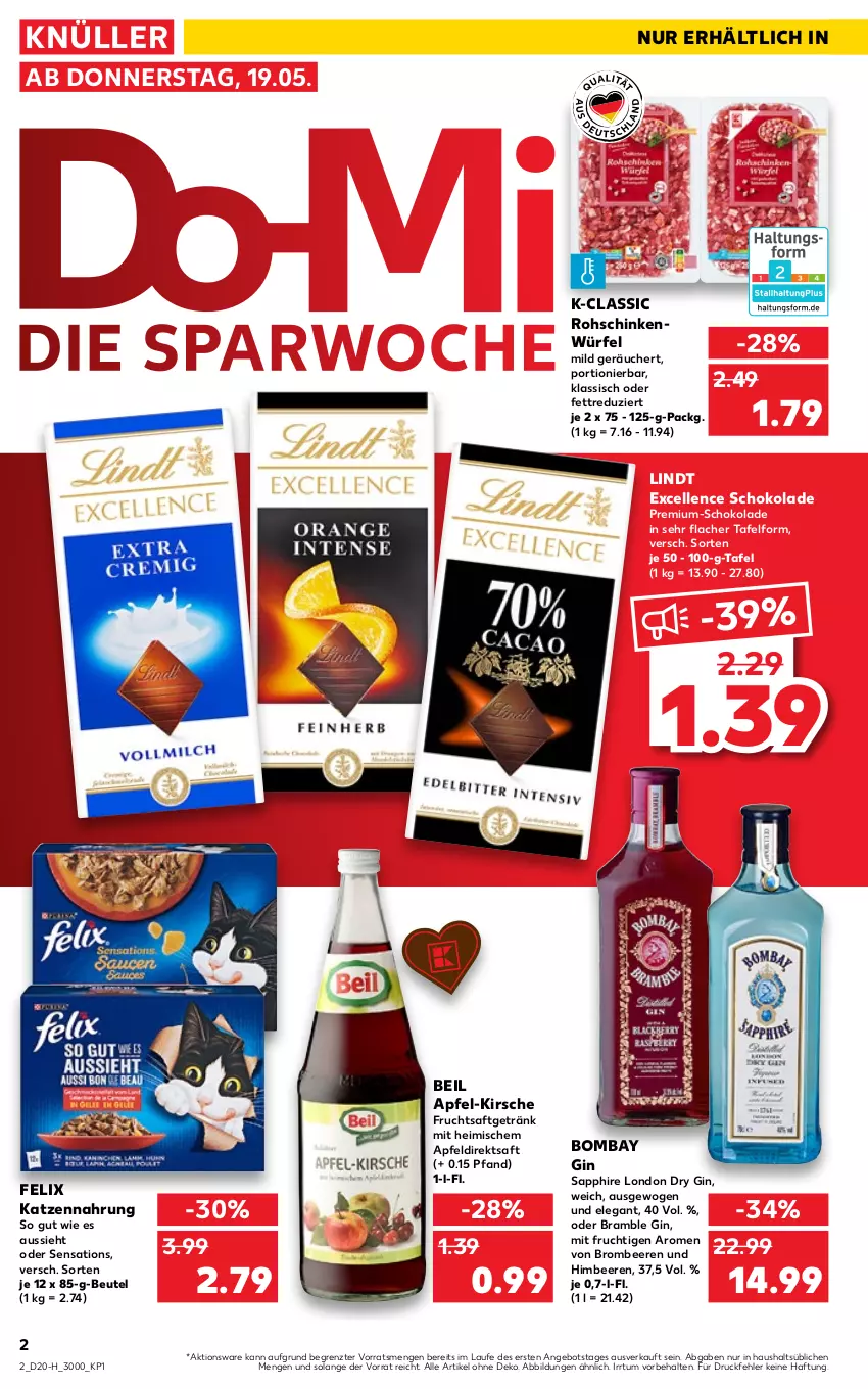 Aktueller Prospekt Kaufland - Spezielle Angebote - von 19.05 bis 25.05.2022 - strona 2 - produkty: angebot, apfel, Apfeldirektsaft, beere, beeren, beutel, brombeere, brombeeren, direktsaft, dry gin, elle, felix, frucht, fruchtsaft, fruchtsaftgetränk, getränk, gin, himbeer, himbeere, himbeeren, katzennahrung, kirsch, kirsche, lindt, london dry, london dry gin, mit frucht, rohschinken, saft, sapphire, schinken, schoko, schokolade, sensations, Ti, würfel, ZTE