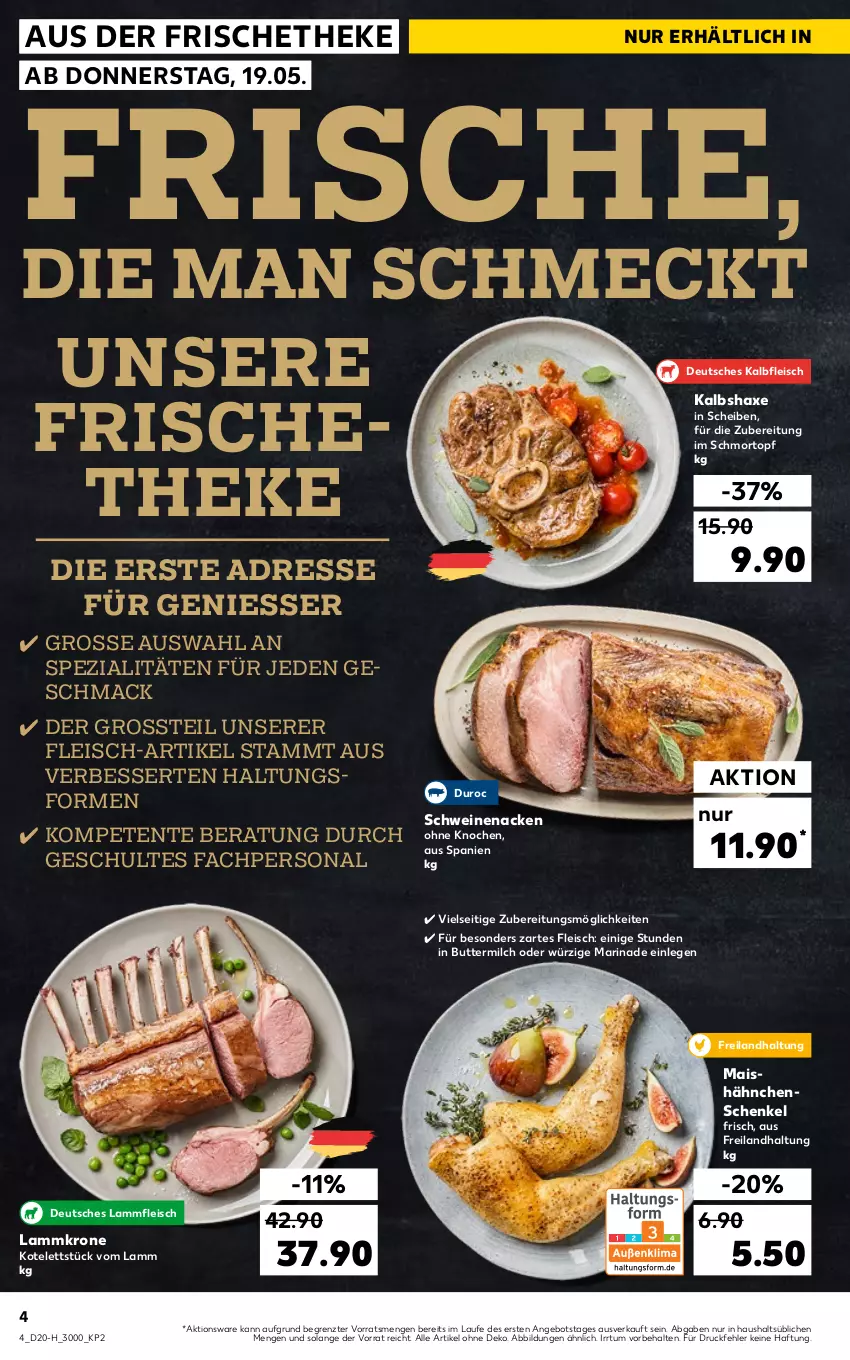 Aktueller Prospekt Kaufland - Spezielle Angebote - von 19.05 bis 25.05.2022 - strona 4 - produkty: angebot, axe, butter, buttermilch, eis, ente, fleisch, hähnchenschenkel, Haxe, henkel, HP, Kalbfleisch, Kalbshaxe, kotelett, krone, lamm, Lammfleisch, Lammkrone, mac, mais, marinade, milch, Persona, schenkel, schwein, schweine, schweinenacken, Spezi, Ti, topf, wein, weine, ZTE