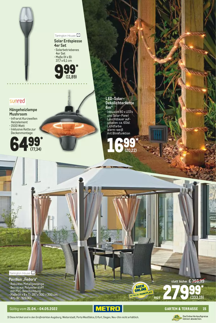 Aktueller Prospekt Metro - Garten Spezial - von 21.04 bis 04.05.2022 - strona 15 - produkty: auer, decke, eis, elle, Garten, Kette, Lampe, LG, lichterkette, pavillon, reis, Ti