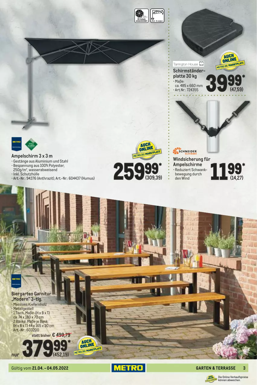 Aktueller Prospekt Metro - Garten Spezial - von 21.04 bis 04.05.2022 - strona 3 - produkty: ampelschirm, Bank, bier, eis, garnitur, Garten, Holz, latte, LG, Mode, reis, schirme, schirmständer, schutzhülle, Ti, tisch, wasser