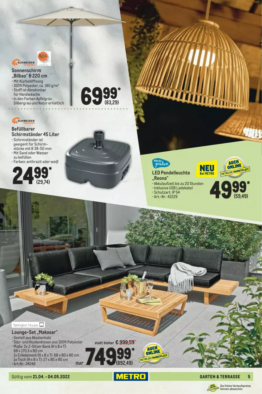 Aktueller Prospekt Metro - Garten Spezial - von 21.04 bis 04.05.2022 - strona 5 - produkty: akku, apfel, Bank, deka, dell, eis, elle, Garten, Holz, kissen, ladekabel, LED Pendelleuchte, Leuchte, LG, lounge-set, natur, Pendelleuchte, reis, Rückenkissen, schirmständer, sonnenschirm, Ti, tisch, usb, wasser