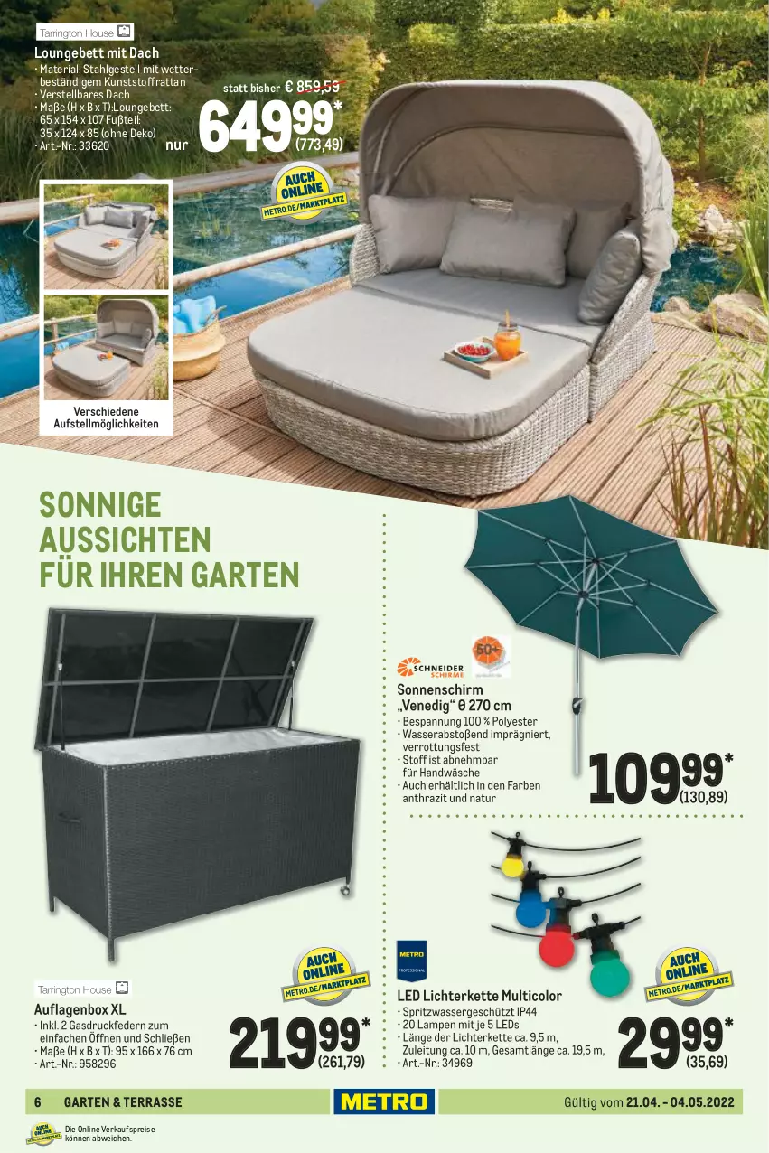 Aktueller Prospekt Metro - Garten Spezial - von 21.04 bis 04.05.2022 - strona 6 - produkty: auflagenbox, bett, eis, Garten, Kette, Lampe, LED Lichterkette, leds, LG, lichterkette, natur, reis, Ria, sonnenschirm, Ti, wasser