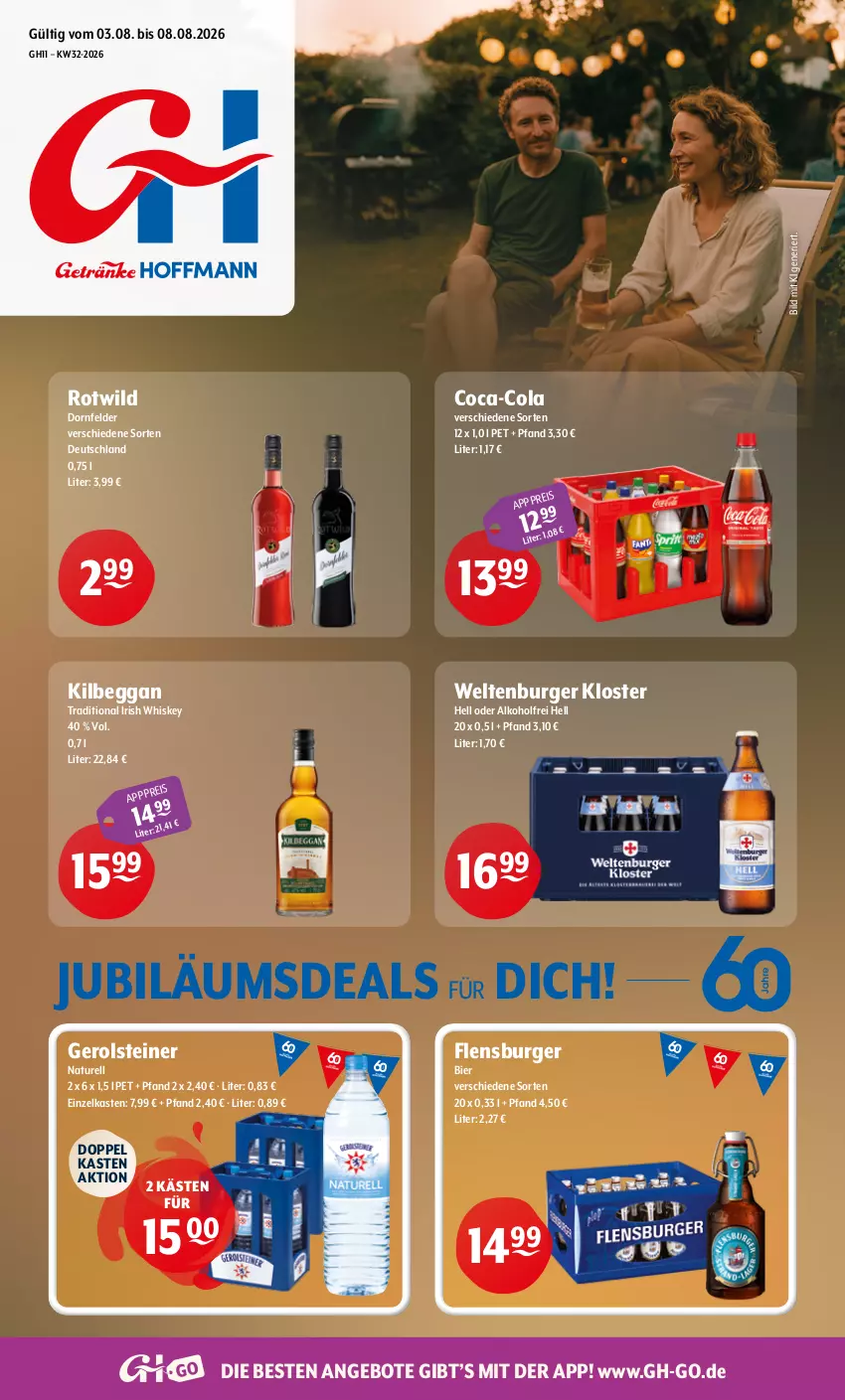 Aktueller Prospekt Getraenke Hoffmann - Prospekte - von 03.08 bis 08.08.2026 - strona 1 - produkty: alkohol, angebot, angebote, bier, burger, coca-cola, cola, dornfelder, eis, flensburger, gerolsteine, gerolsteiner, irish whiskey, Jubiläums, kilbeggan, natur, rel, steiner, Ti, whiskey, Wild