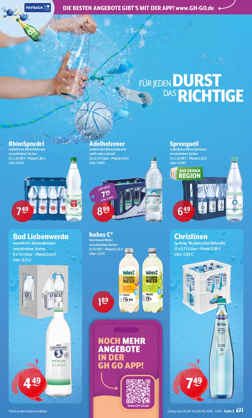 Aktueller Prospekt Getraenke Hoffmann - Prospekte - von 03.08 bis 08.08.2026 - strona 2 - produkty: adelholzener, Alwa, angebot, angebote, Bad, Bad Liebenwerda, eis, elle, Hohes C, Holz, mineralwasser, natur, natürliches mineralwasser, rel, RhönSprudel, Spreequell, Sprudel, Ti, wasser