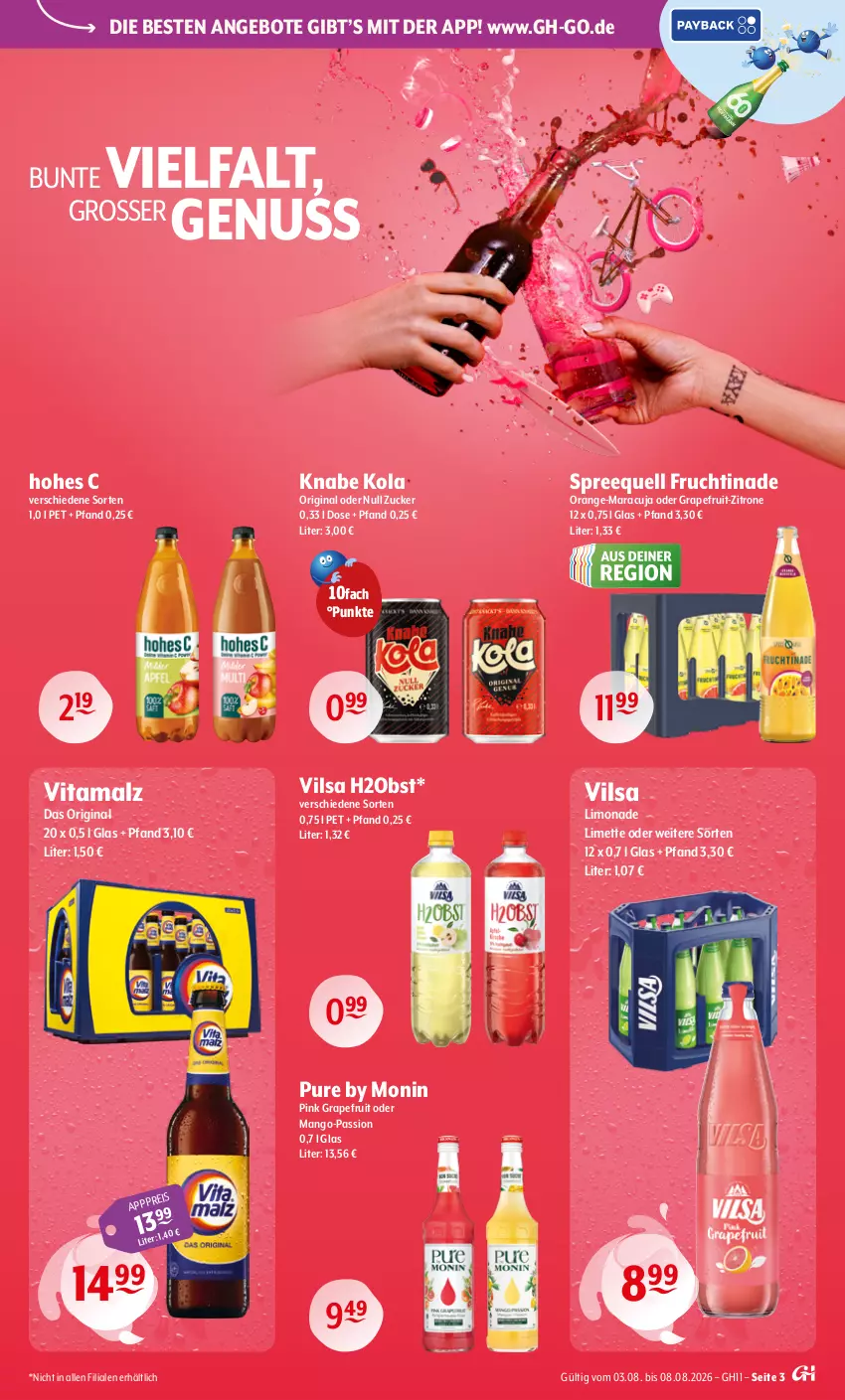 Aktueller Prospekt Getraenke Hoffmann - Prospekte - von 03.08 bis 08.08.2026 - strona 3 - produkty: angebot, angebote, eis, frucht, gin, grapefruit, Hohes C, limette, limo, limonade, malz, mango, maracuja, Mett, monin, nuss, obst, orange, Spreequell, Ti, vilsa, vita, vitamalz, zitrone, zucker