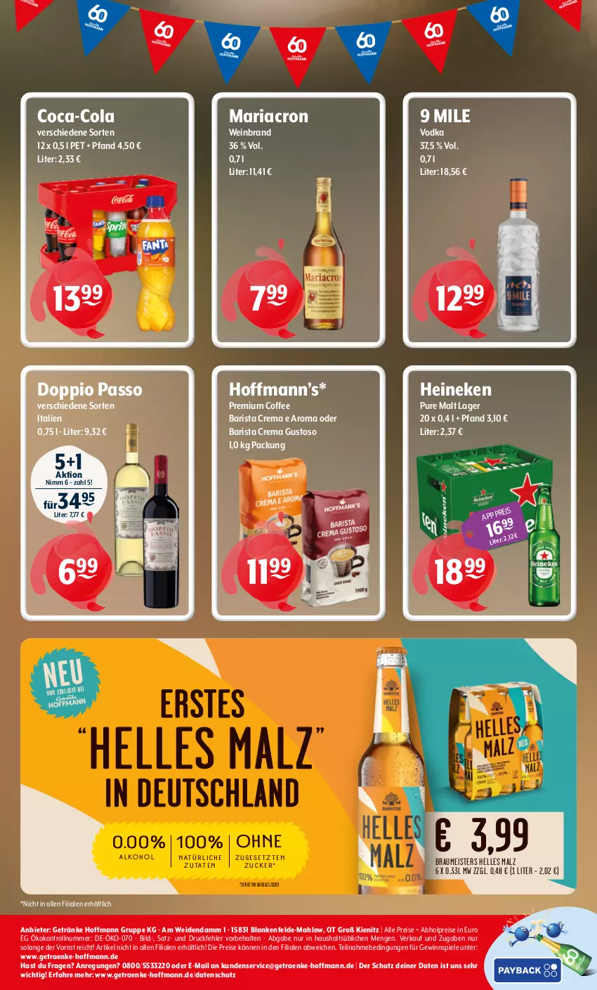 Aktueller Prospekt Getraenke Hoffmann - Prospekte - von 03.08 bis 08.08.2026 - strona 8 - produkty: abholpreise, coca-cola, cola, doppio passo, eis, elle, getränk, getränke, gewinnspiel, heineken, malz, mariacron, Meister, natur, passo, reis, Ria, Spiele, Ti, vodka, wein, weinbrand, ZTE, zucker