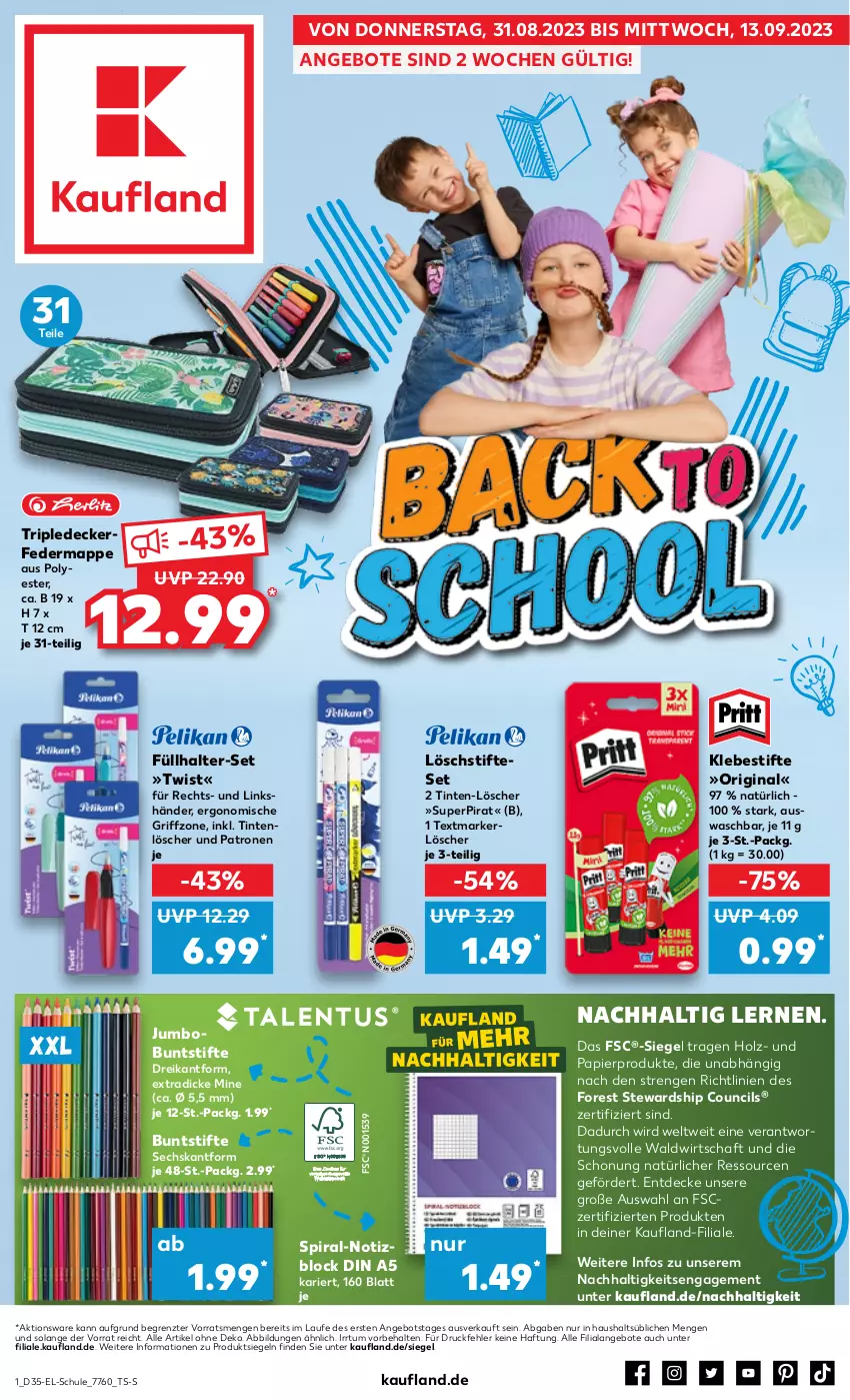 Aktueller Prospekt Kaufland - Kaufland - von 31.08 bis 13.09.2023 - strona 1 - produkty: angebot, angebote, buntstifte, decke, Füllhalter, gin, Holz, jumbo, papier, stifte, textmarker, Ti, Tintenlöscher, ZTE