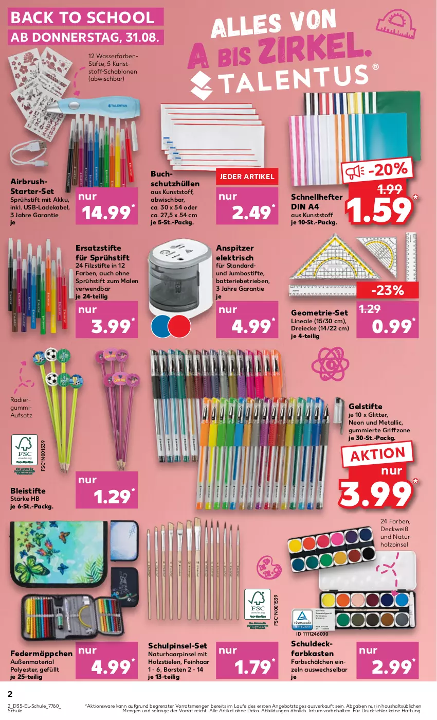 Aktueller Prospekt Kaufland - Kaufland - von 31.08 bis 13.09.2023 - strona 2 - produkty: akku, angebot, batterie, Bleistift, bleistifte, buch, deckfarbkasten, deka, din a4, eis, Federmäppchen, Hefte, Holz, jumbo, ladekabel, natur, Pinsel, Radiergummi, Ria, rwe, Schnellhefter, schutzhülle, stifte, Ti, usb, wasser, ZTE