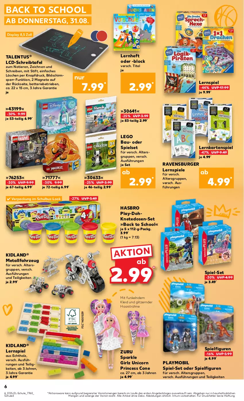 Aktueller Prospekt Kaufland - Kaufland - von 31.08 bis 13.09.2023 - strona 6 - produkty: angebot, batterie, Bau, burger, Hasbro, Holz, Kartenspiel, kleid, Lernspiel, Play-Doh, playmobil, ravensburger, Spiele, Ti, Tiere, ZTE